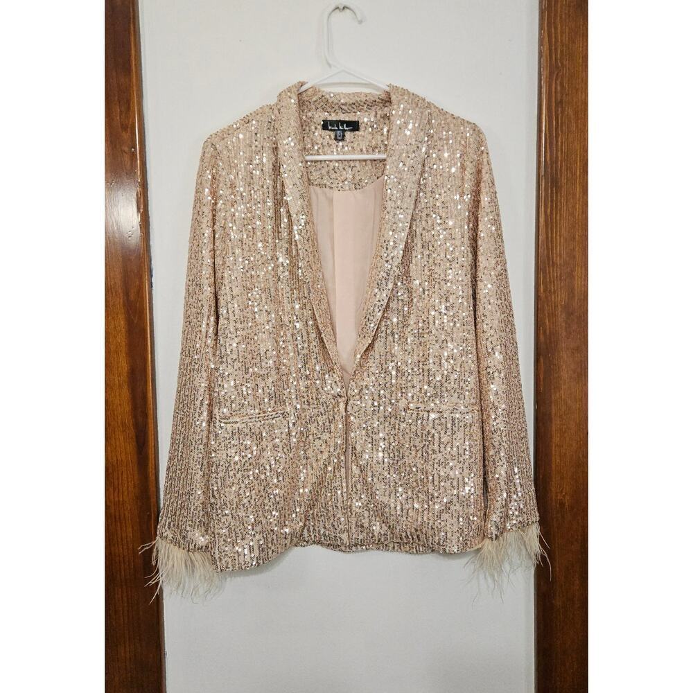 Nicole Miller Charlotte All Over Sequin Feather Trimmed Womens Pink Blazer Sz S - Picture 1 of 8